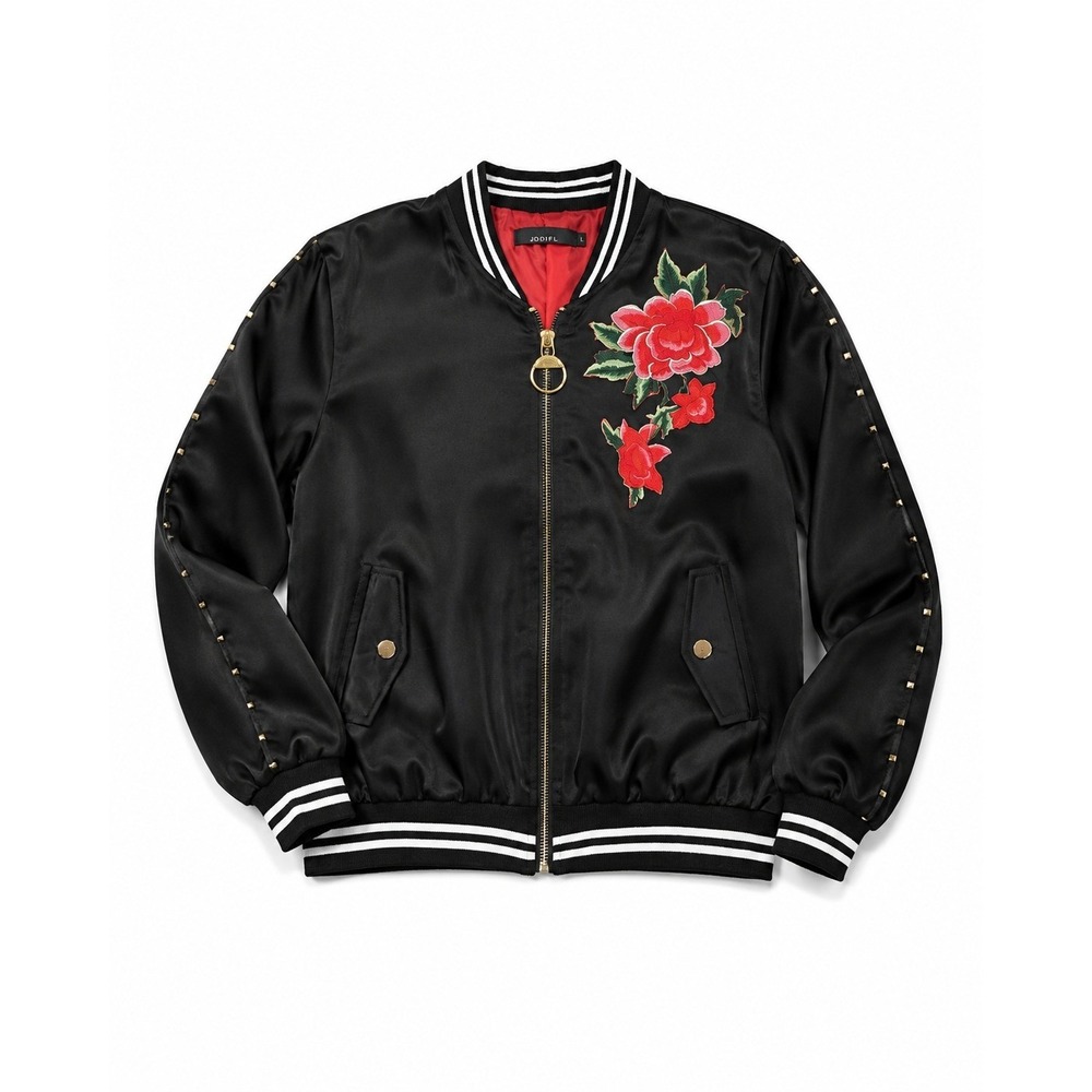 Bebe Womens Black Satin Bomber Jacket Floral Embroidered Studded Made in Italy